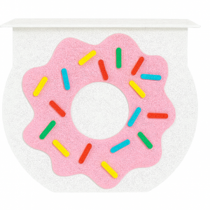 Mostrador donut rosa decorativo con toppings de colores para mesas dulces y fiestas