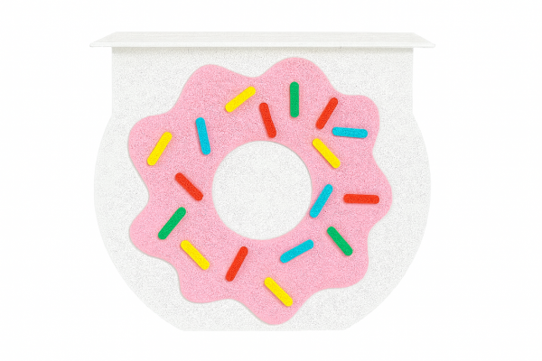Mostrador donut rosa decorativo con toppings de colores para mesas dulces y fiestas